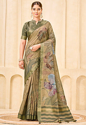 Digital Printed Art Silk Saree in Beige