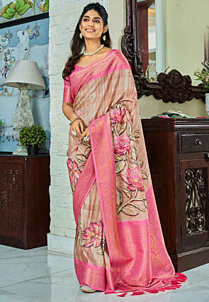 Digital Printed Art Silk Saree in Beige