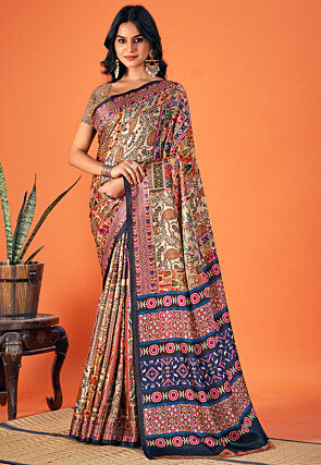 Digital Printed Art Silk Saree in Beige