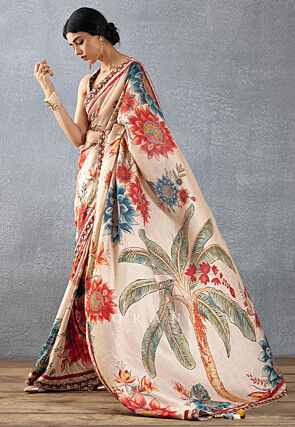Digital Printed Art Silk Saree in Beige
