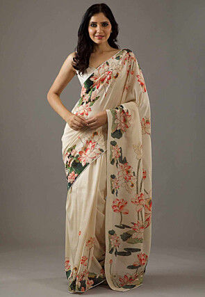 Digital Printed Art Silk Saree in Beige