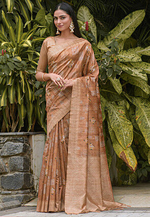 Digital Printed Art Silk Saree in Beige