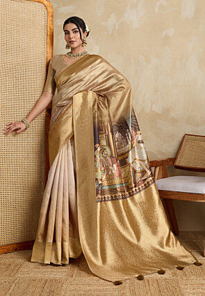 Digital Printed Art Silk Saree in Beige