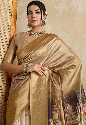Digital Printed Art Silk Saree in Beige