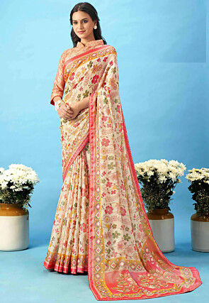 Digital Printed Georgette Saree in Beige