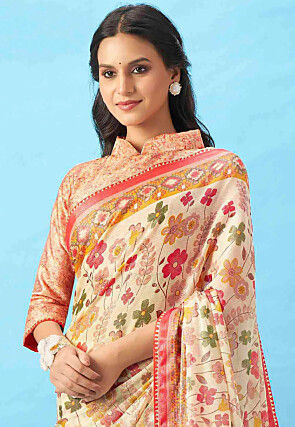 Digital Printed Georgette Saree in Beige
