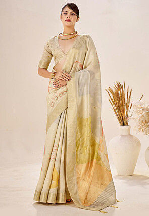 Digital Printed Art Silk Saree in Beige