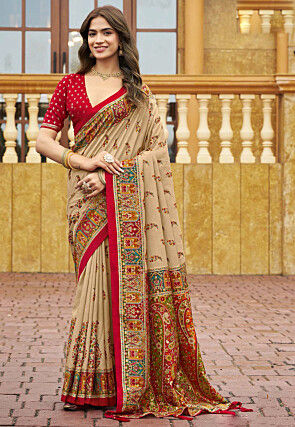 Digital Printed Art Silk Saree in Beige