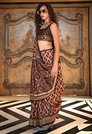 Digital Printed Art Silk Saree in Beige