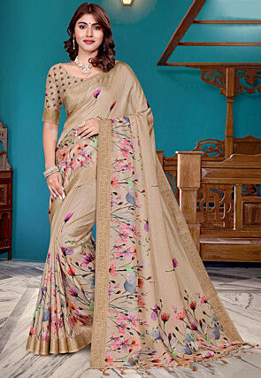 Digital Printed Art Silk Saree in Beige