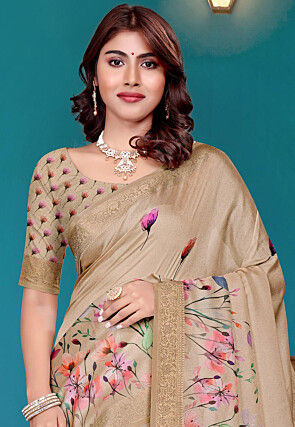Digital Printed Art Silk Saree in Beige