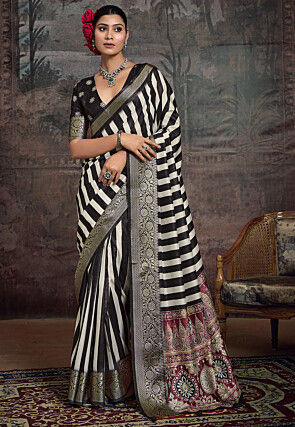 Digital Printed Art Silk Saree in Black and White