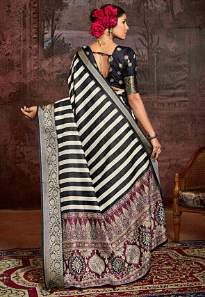 Digital Printed Art Silk Saree in Black and White