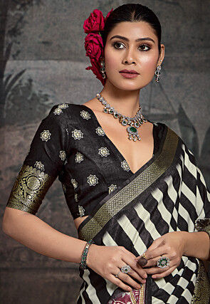 Digital Printed Art Silk Saree in Black and White