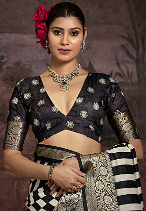 Digital Printed Art Silk Saree in Black and White