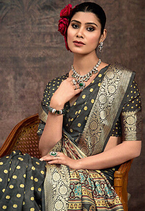 Digital Printed Art Silk Saree in Black