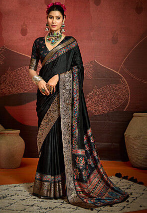 Digital Printed Art Silk Saree in Black