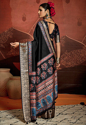 Digital Printed Art Silk Saree in Black