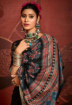 Digital Printed Art Silk Saree in Black