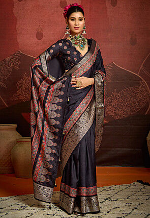 Digital Printed Art Silk Saree in Black