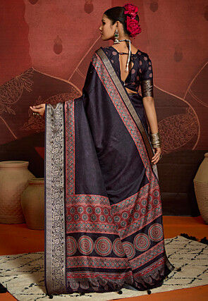 Digital Printed Art Silk Saree in Black