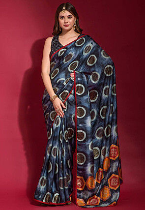 Digital Printed Art Silk Saree in Black