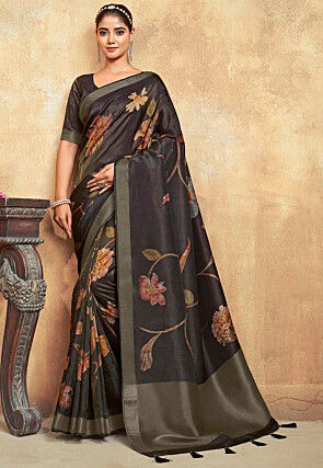 Digital Printed Art Silk Saree in Black