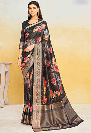 Digital Printed Art Silk Saree in Black