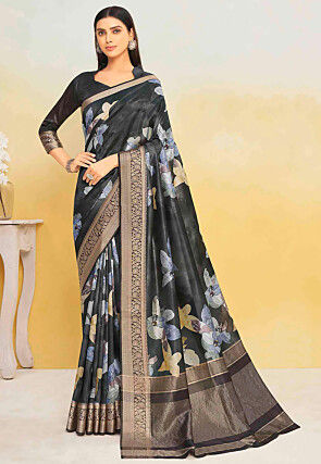 Digital Printed Art Silk Saree in Black