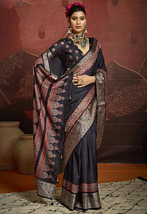 Digital Printed Art Silk Saree in Black