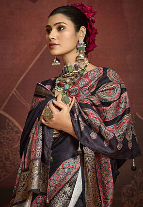 Digital Printed Art Silk Saree in Black