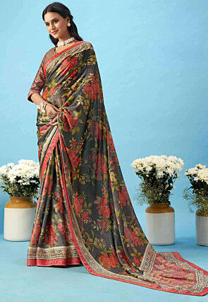 Digital Printed Georgette Saree in Black