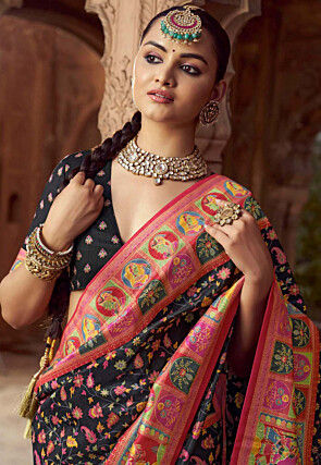 Digital Printed Art Silk Saree in Black