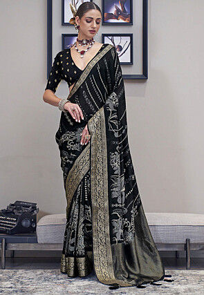 Digital Printed Art Silk Saree in Black
