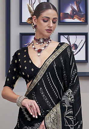 Digital Printed Art Silk Saree in Black