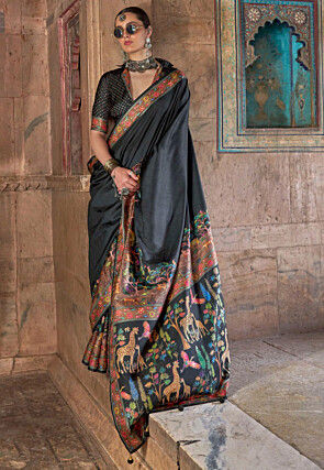 Digital Printed Art Silk Saree in Black