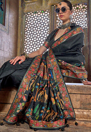 Digital Printed Art Silk Saree in Black