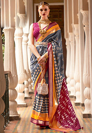  IKat Printed Art Silk Saree in Black