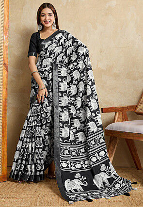 Digital Printed Art Silk Saree in Black
