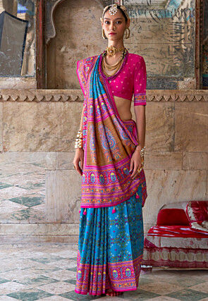 Digital Printed Art Silk Saree in Blue