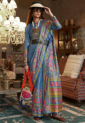Digital Printed Art Silk Saree in Blue