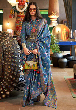 Digital Printed Art Silk Saree in Blue