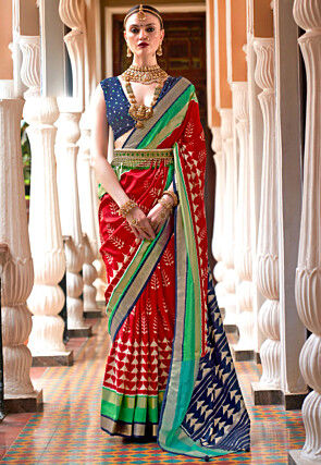 IKat Printed Art Silk Saree in Blue