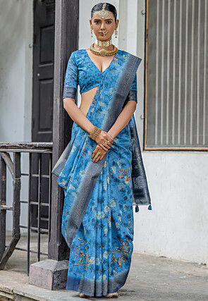 Digital Printed Art Silk Saree in Blue