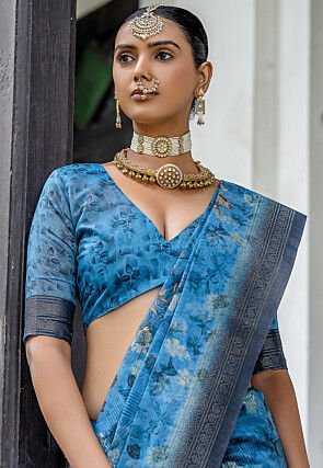 Digital Printed Art Silk Saree in Blue