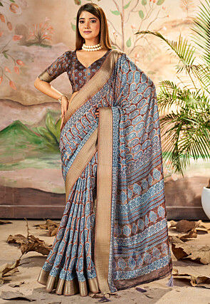 Digital Printed Art Silk Saree in Brown and Teal Blue