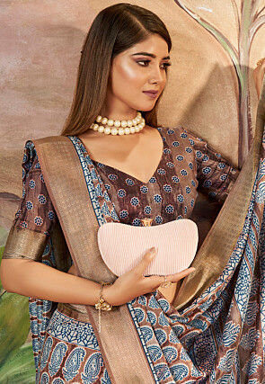 Digital Printed Art Silk Saree in Brown and Teal Blue