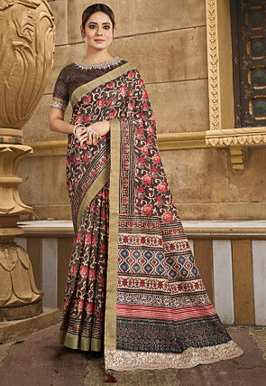 Digital Printed Art Silk Saree in Brown