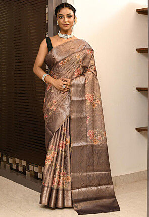 Digital Printed Art Silk Saree in Brown