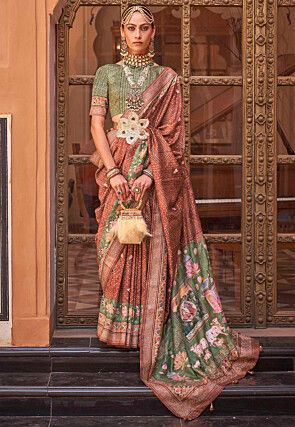 Digital Printed Art Silk Saree in Brown